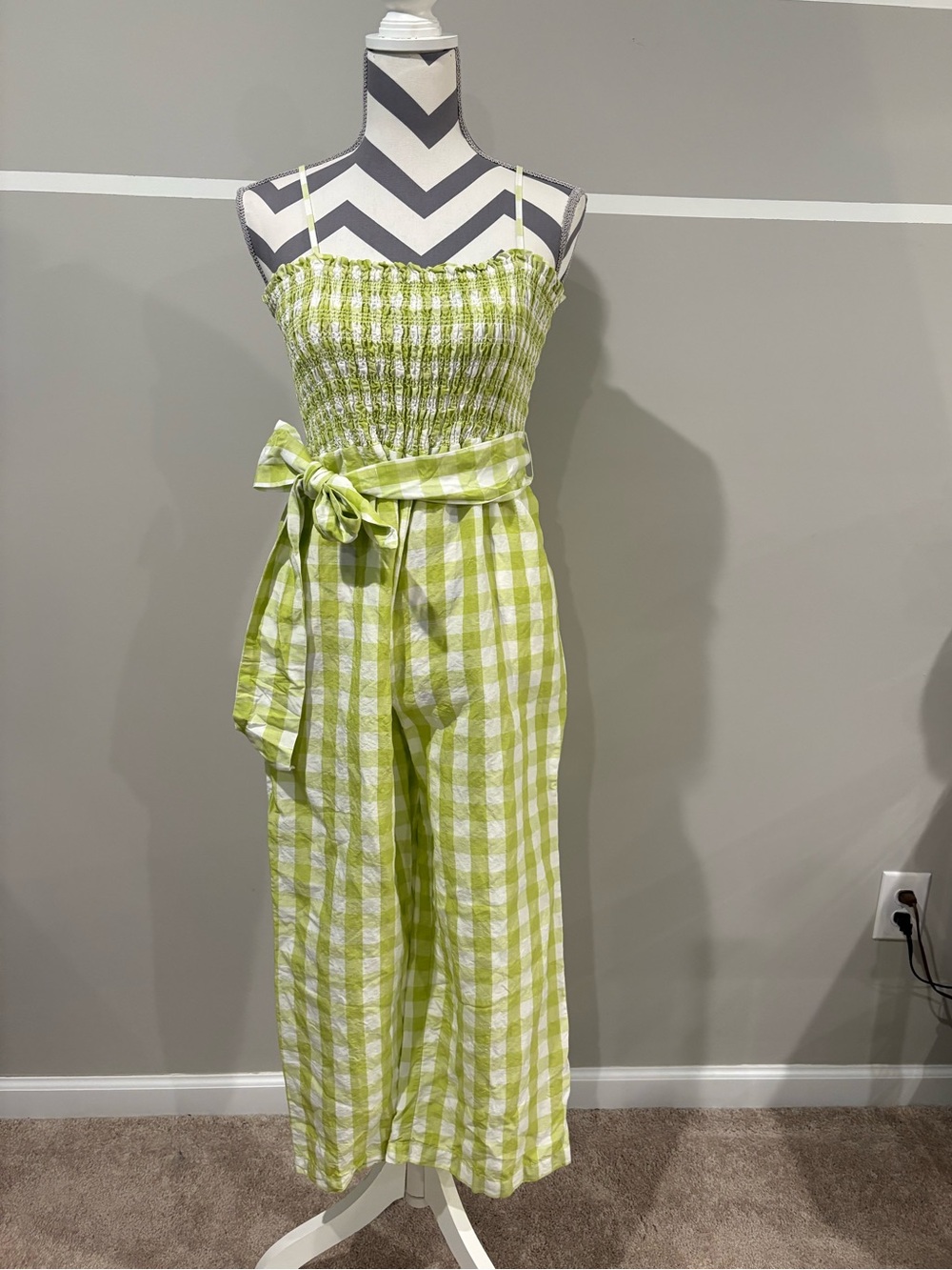 House of Harlow 1960 Lime Green and White Gingham Smocked Jumpsuit